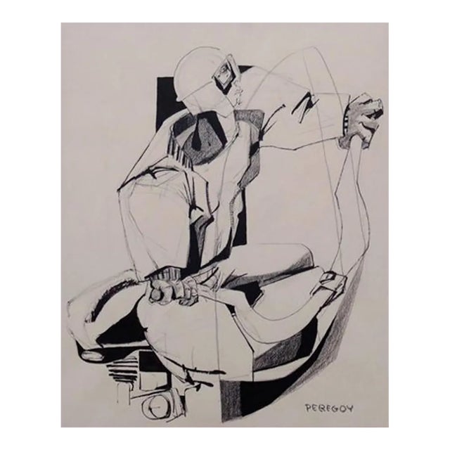 Mixed-Media Drawing of a Motorcyclist by Walter Peregoy For Sale