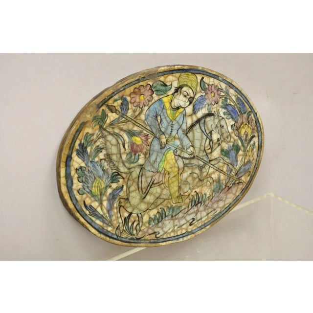 Antique Persian Iznik Qajar Style Ceramic Pottery Blue Oval Horse Rider Tile C3 For Sale - Image 10 of 11