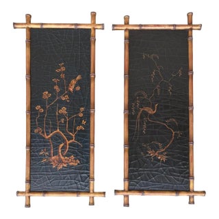 Pair of Signed Gustav Carroll Bamboo Hand Painted Black & Gold Chinoiserie Panels For Sale