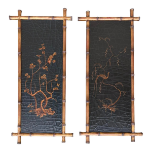 Pair of Signed Gustav Carroll Bamboo Hand Painted Black & Gold Chinoiserie Panels