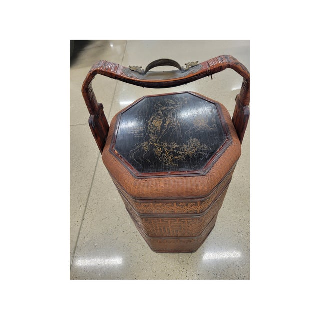 Wood Antique 19th Century Chinese Octagonal 3-Tier Wicker & Lacquer Wedding Basket For Sale - Image 7 of 8