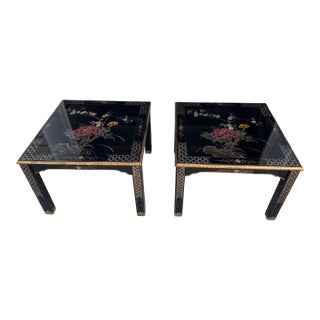 Late 20th Century Chinoiserie Hand-Painted Style Black & Gold Lacquer Tables – Pair For Sale