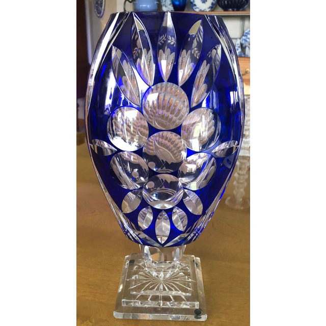 Mid-Century Modern Cobalt Blue Peacock Vase With Floral Cuts For Sale - Image 4 of 7