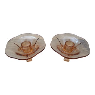 1940s Fostoria Fairfax Style Amber Glass Candle Stick Holders - a Pair For Sale