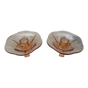 1940s Fostoria Fairfax Style Amber Glass Candle Stick Holders - a Pair