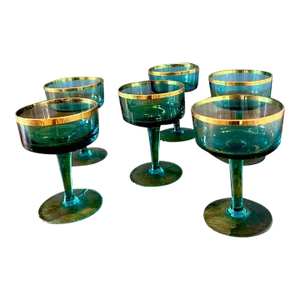 1960s Vintage Aqua Blue & Gold Cocktail Glasses- Set of 6