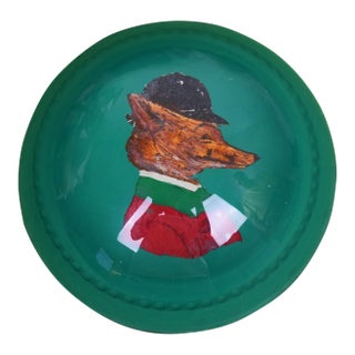 Hand Painted Mr. Snooty Fox Glass Dome Hunter Green Paperweight For Sale