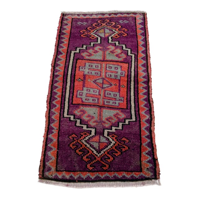 Distressed Small Low Pile Hand Knotted Yastik Rug Faded Mat - 18'' X 36'' For Sale - Image 4 of 15