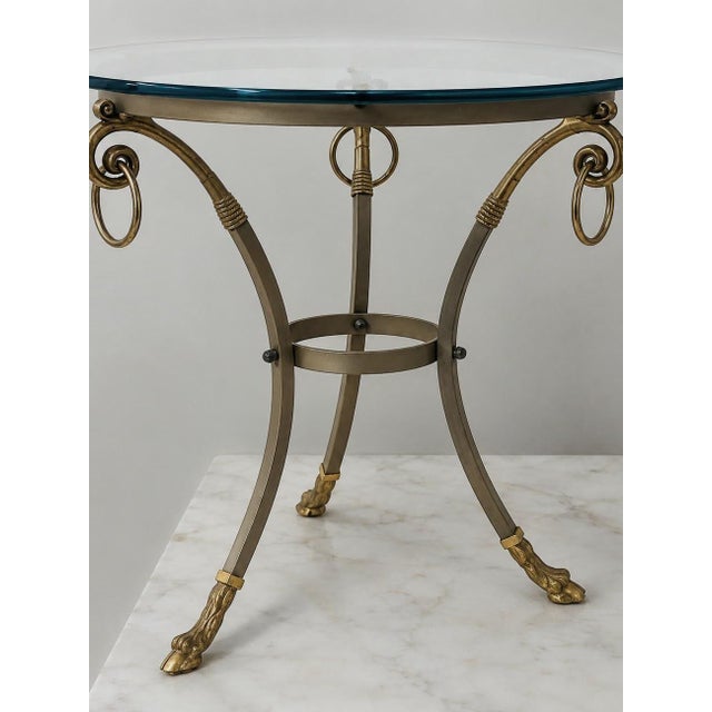 Neoclassical Italian Neo-Classical Maison Jansen Style Brass Steel & Glass Side Tables - Pair For Sale - Image 3 of 4