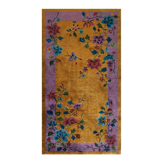 1920s Yellow Purple Floral Antique Chinese Art Deco Carpet 3'1" X 5'10" Knotted Wool Rug For Sale