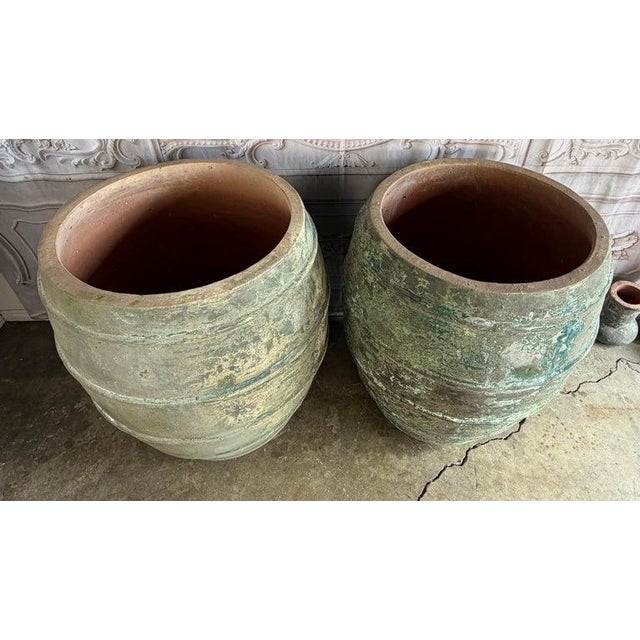 Mediterranean Barreal Jars - Verdigris Patinated Terracotta Olive Vassels For Sale In Los Angeles - Image 6 of 17
