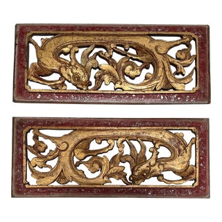 Pair of Antique Chinese Red and Gold Giltwood Temple Carvings W Dragons For Sale