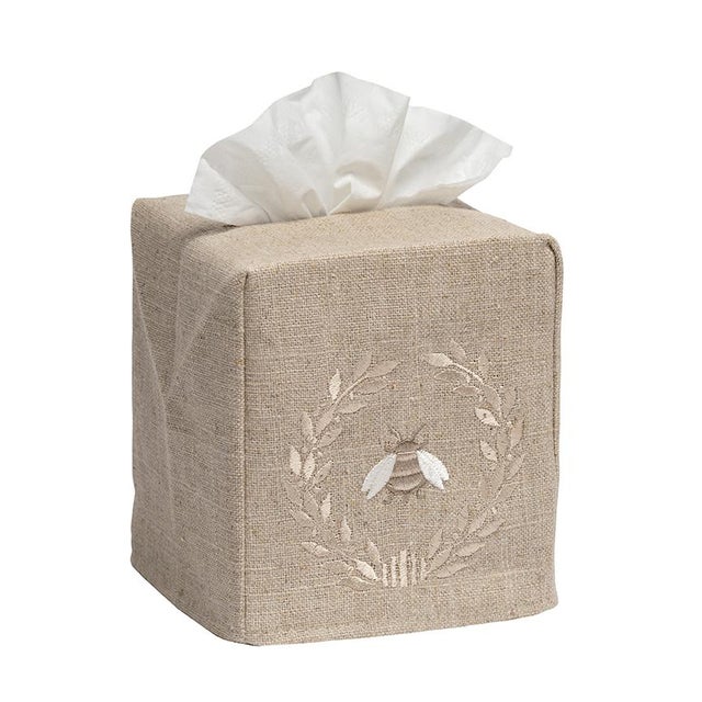 Beautiful embroidered natural linen tissue box cover with a Napoleon Bee Wreath. This will add a touch of elegance to any...