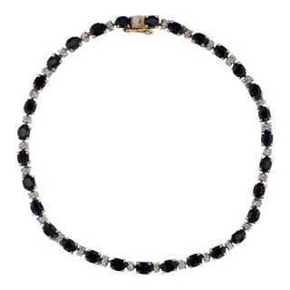 7.68ctw Blue Sapphire Diamond Tennis Bracelet 14k Yellow Gold 7.75" 3.4mm For Sale