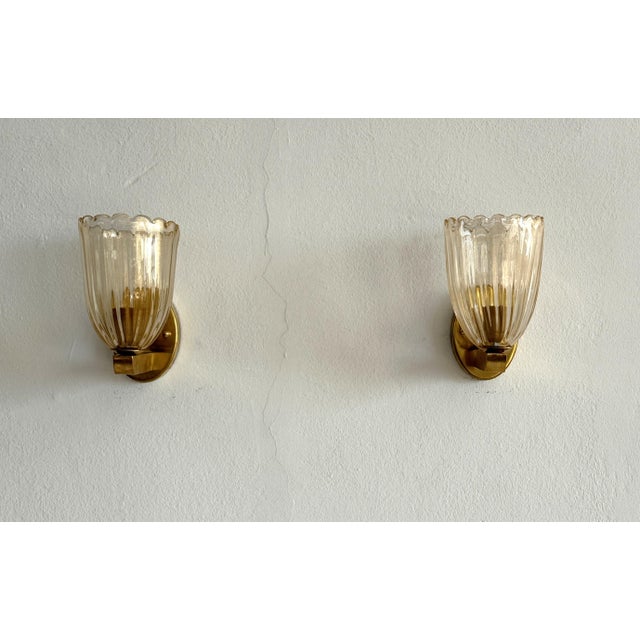 Gold Italian Art Deco Style Brass and Murano Glass Wall Sconces, 1990s, Set of 2 For Sale - Image 8 of 12