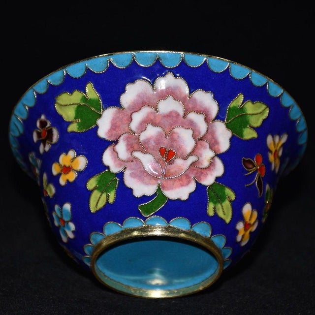 Chinoiserie Handmade Cloisonne Tea Bowl, Wire Inlaid Pink Peony on Deep Blue, Chinoiserie Decor For Sale - Image 3 of 9