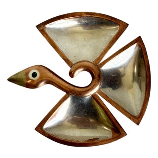 1950s Los Castillo Taxco Copper & Silverplated Metal Bird Divided Dish For Sale