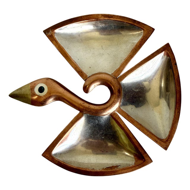 1950s Los Castillo Taxco Copper & Silverplated Metal Bird Divided Dish For Sale