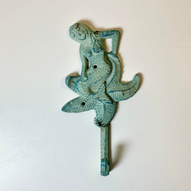Nautical 1970s Vintage Nautical Coastal Cast Iron Verdigris Mermaid Wall Hook. For Sale - Image 3 of 16