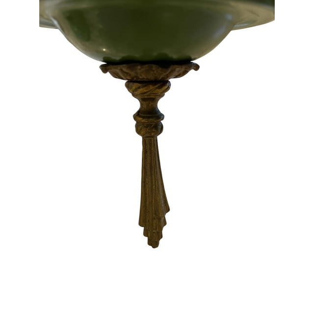 Antique Art Deco Brass Pan 3 Light Chandelier Ceiling Light 1920s Green & Gold For Sale - Image 4 of 12