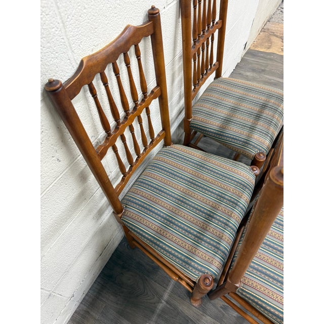 Vintage Colonial Style Spindle Back Upholstered Dining Chairs - Set of 4 For Sale - Image 11 of 13