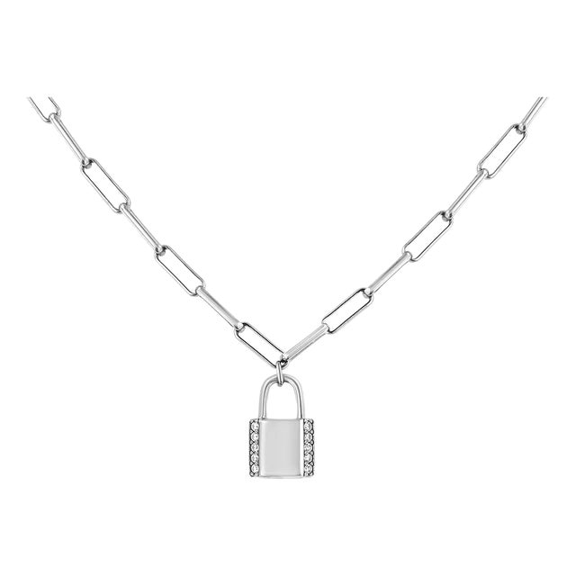 .925 Sterling Silver 1/10 Cttw Round Diamond Lock Pendant 16" Paperclip Chain Necklace (H-I Color, SI1-SI2 Clarity) For Sale