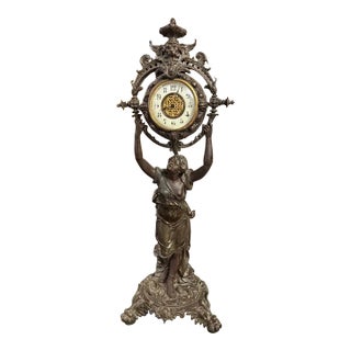 19th Century French Bronze Figural Statue Mantel Clock For Sale