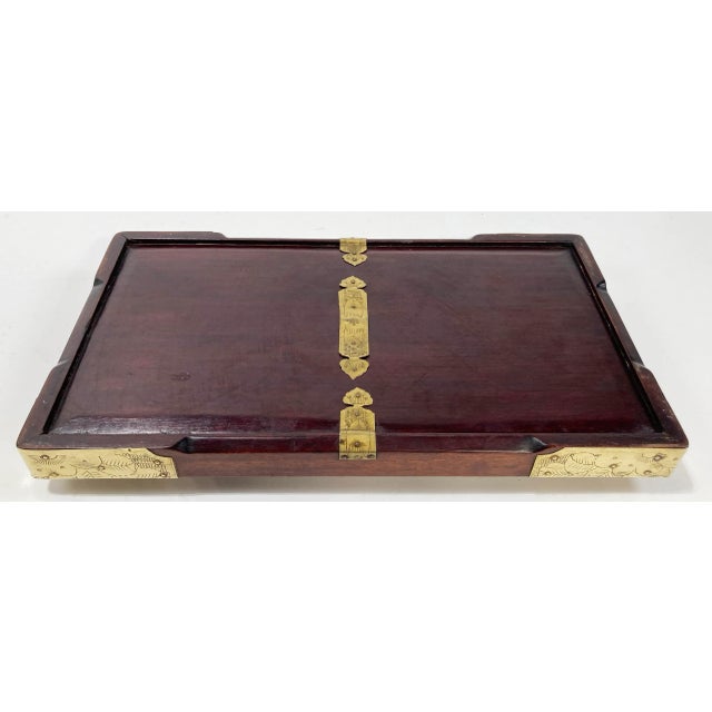 Vintage Asian Motif Rosewood Tray W/ Brass Hardware For Sale - Image 10 of 10