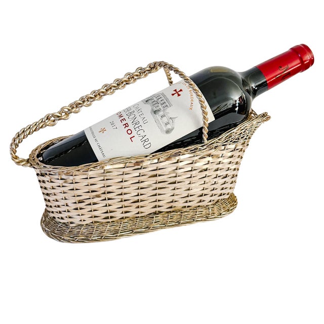 Vintage Woven Silver-Plated Wire Wine Bottle Basket Caddy & Sommelier Basket For Sale - Image 11 of 14