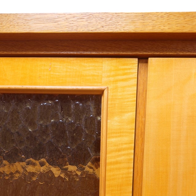 East German Wardrobe in Oak and Birch Veneer with Textured Glass Doors, 1959 This original East German wardrobe from 1959...