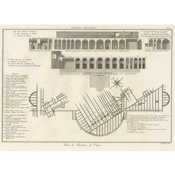 Antique Plan of Underground Area of Baths of Emperor Titus, Rome, Italy, 1786 For Sale