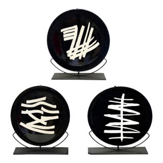 Large Abstract Moroccan Glazed Pottery Charger Plates on Stands, Per Item For Sale
