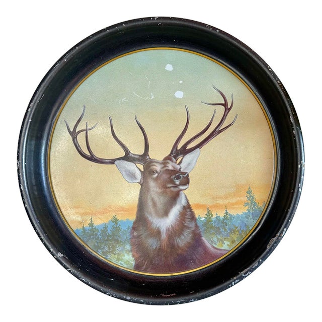 Antique the American Art Works Pre-Prohibition Era Red Stag/Elk Beer Serving Metal Lithograph Tray For Sale