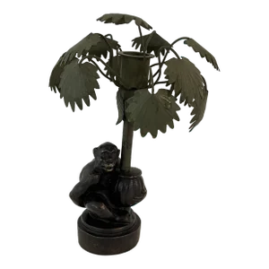 1970s Vintage Metal Monkey Sitting Under Palm Tree Candlestick