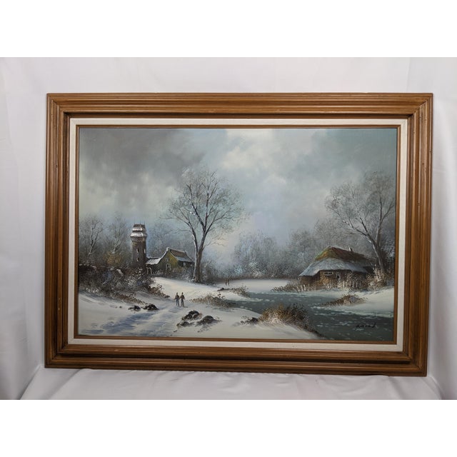 Mid 20th Century Large Signed H. Wood Original Oil Painting of European Winter Village Landscape – Framed For Sale - Image 9 of 16