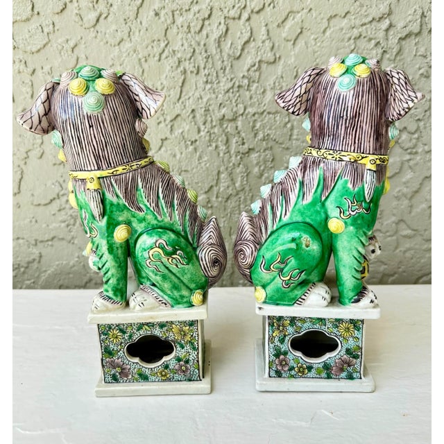 Chinoiserie Vintage Chinese Famille Verte Sancai Glazed Porcelain Foo Dogs/Guardian Lions- A Pair For Sale - Image 3 of 10