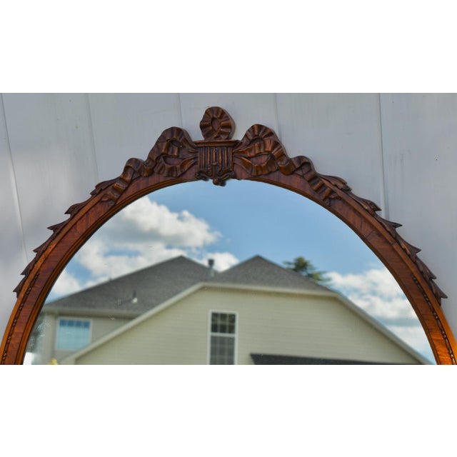 French Satinwood Oval Wall Mirror Carved French Flower Basket Crest Decorative Frame For Sale - Image 3 of 15