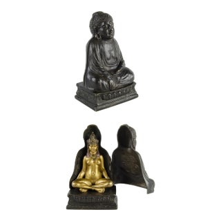 Early 20th Century Set of Jugendstil Cold-Painted Bronze Sculptures of Buddha and a Gilt Priestess by Franz Bergmann, Austria For Sale