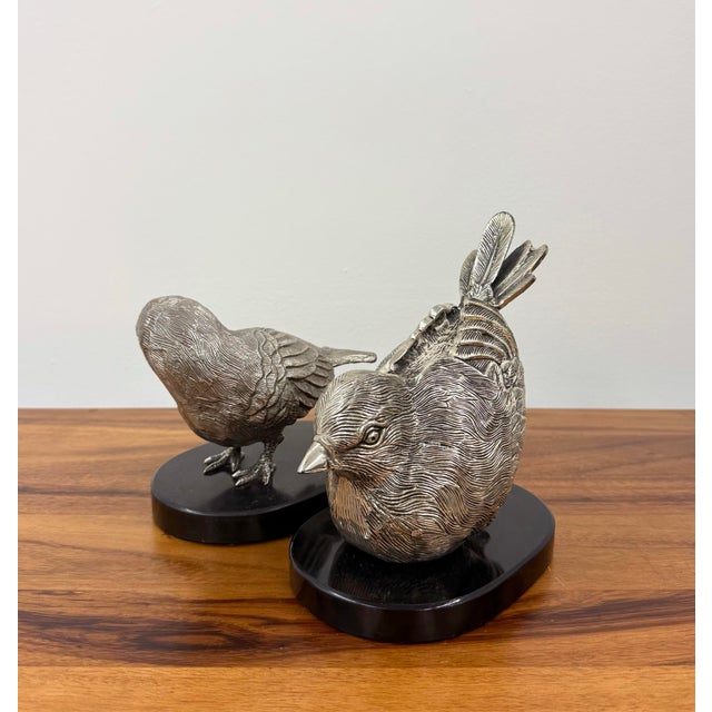 Mid 20th Century Solid Metal Bird Sculptures on Stone Base - Pairs For Sale - Image 4 of 7