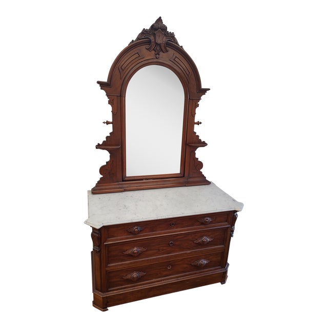 Late 19th Century Victorian Walnut Marble Top Dresser with Carved Pulls