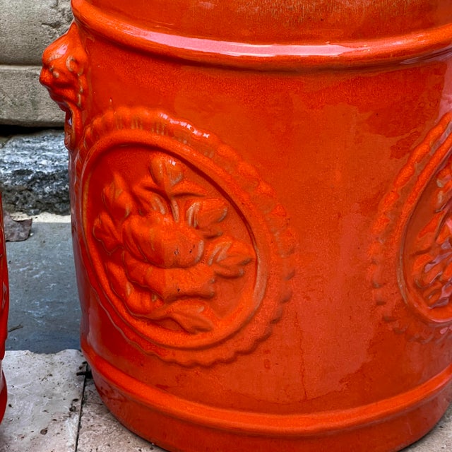Ceramic Mid Century Orange Ceramic Garden Stools With Floral Medallions & Lion Head Handles For Sale - Image 7 of 12