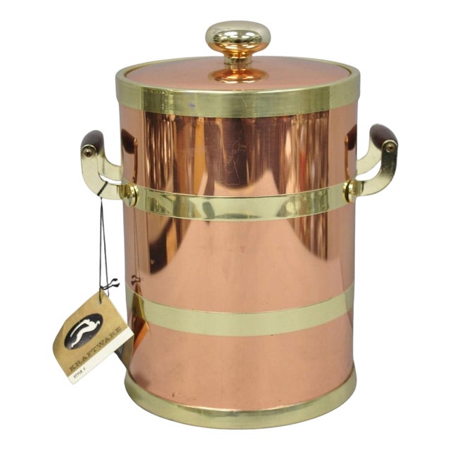 Vintage Kraftware Nyc Mid Century Modern Copper and Brass Covered Bar Ice Bucket For Sale
