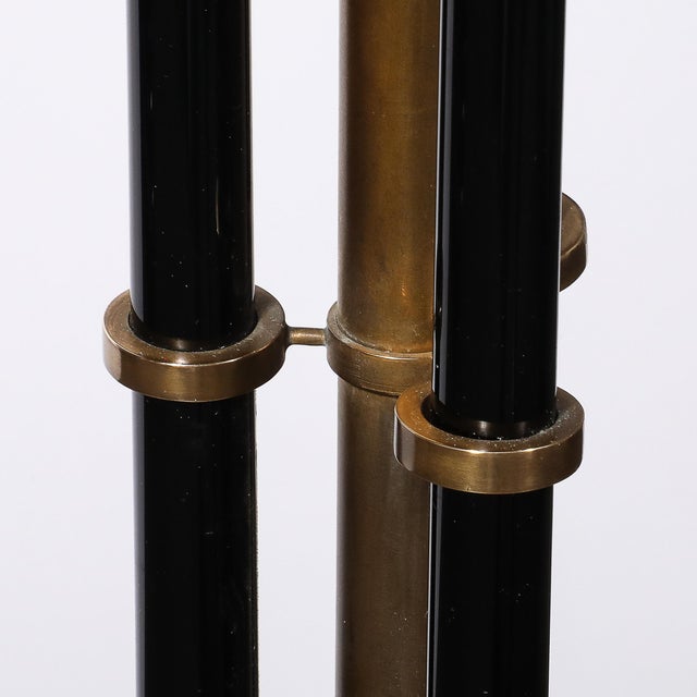 Art Deco Scroll Form Base Machine Age Cylindrical Vitrolite & Bronze Floor Lamp For Sale - Image 4 of 18