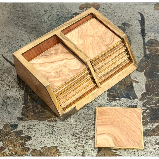 American Signed Karl Springer Marble and Brass Coasters With Caddy For Sale - Image 3 of 10