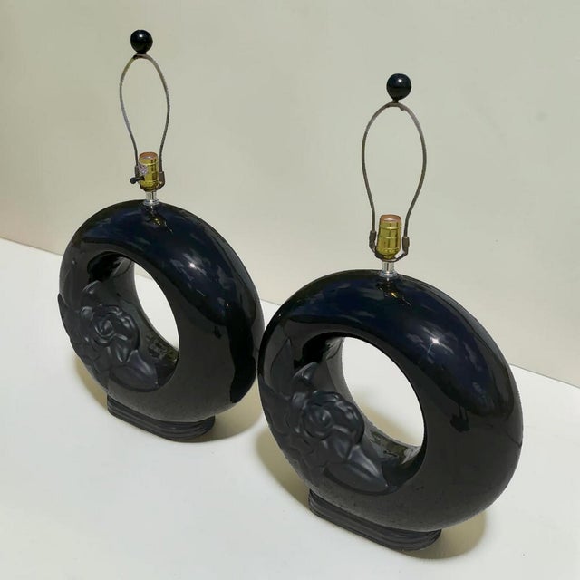 Cylindrical Gloss Matte Black Floral Table Lamps - a Pair For Sale - Image 4 of 7