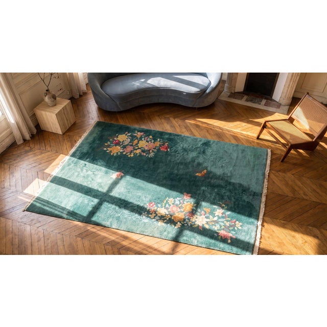Green 1930s Green Floral Antique Chinese Art Deco 4'2" X 5'10" Handknotted Wool Carpet For Sale - Image 8 of 8