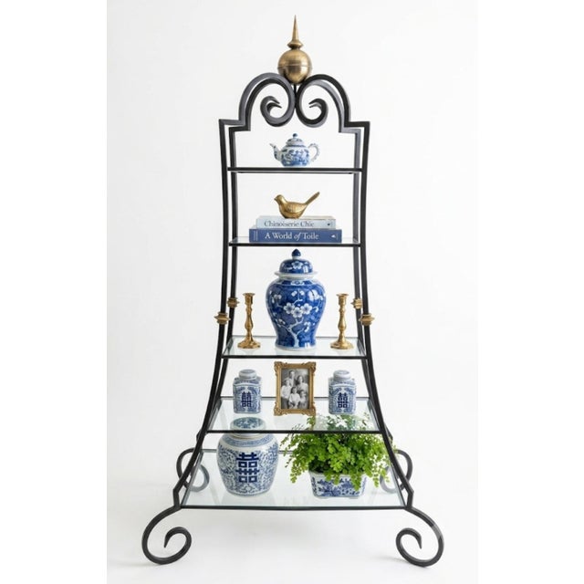 1990s Vintage French Iron Pagoda Glass Shelf Graduated Étagère - Maison Jansen Style For Sale - Image 5 of 11
