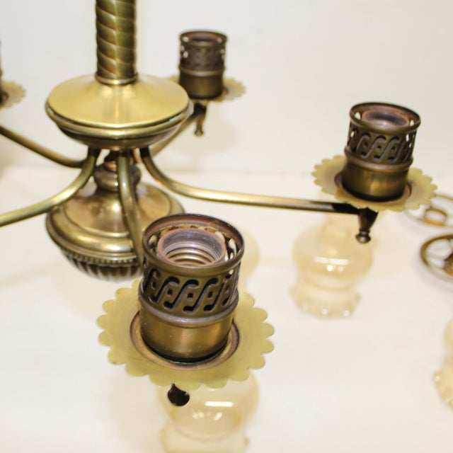 Antique Chandelier With Turned Brass & Opalescent Amber Glass Shades For Sale - Image 4 of 7