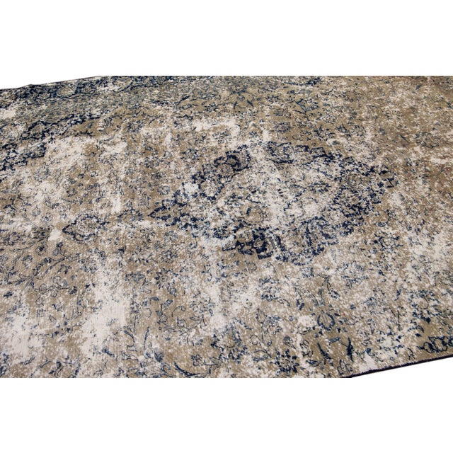 1930s Vintage Handmade Medallion Motif Tan and Blue Distressed Wool Rug For Sale - Image 5 of 11