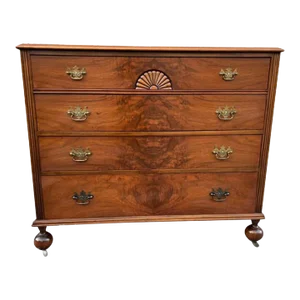 Early 20th Century Antique Chest of Drawers in Burlwood on Castors with Fancy Brass Eagle Drawer Pulls